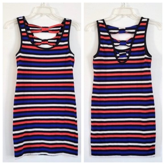Y2K Forever 21 Striped Bodycon Dress Bows Cutout Coral Blue‎ XXI Small - Picture 1 of 12